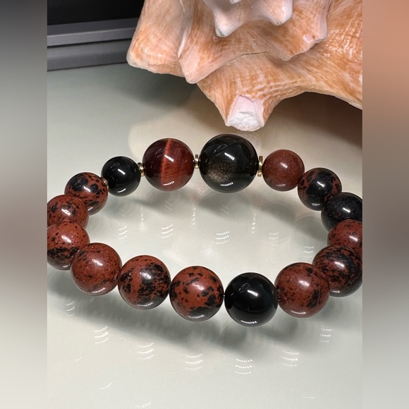 MAHOGANY OBSIDIAN + TIGERS NATURAL BRACELET Sz 7” - Picture 7 of 13